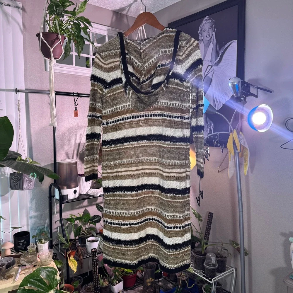 Forever‎ 21 Striped Hooded Open Front Long Cardigan Sweater Women Small